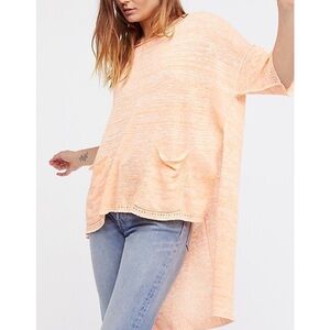 Free People Linen Blend Highlighter Orange High Low Step Hem Knit Top Sz S